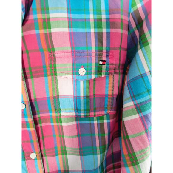 Tommy Hilfiger Button Up Blouse Women's Sz M Multicolor Plaid Roll Tab Sleeve - Picture 4 of 12
